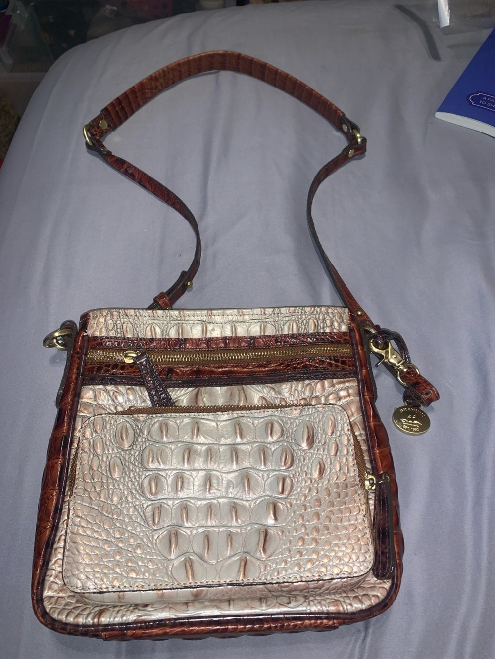 Brahmin Metallic Champagne and Brown Croc-Embossed Crossbody